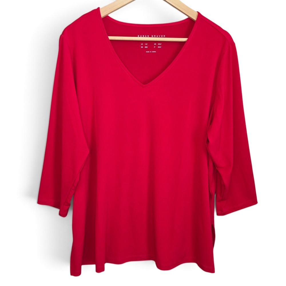 Susan Graver Modern Essentials Top 1XP Red V Neck 3/4 Sleeve Liquid Knit Petite